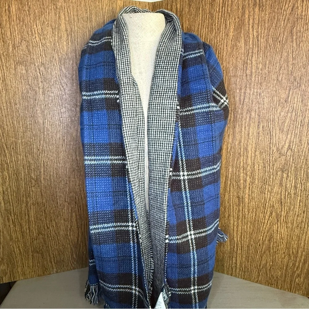 Chaps Oversized Reversible Scarf Plaid & Houndstooth Fringe‎ Winter Wrap 25x72